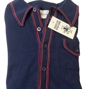 Navy Button Down Shirt with Red Stitching by